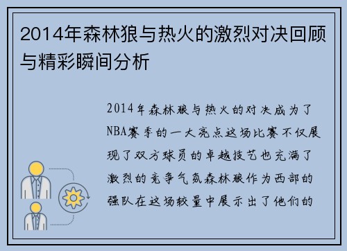 2014年森林狼与热火的激烈对决回顾与精彩瞬间分析