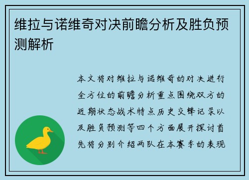 维拉与诺维奇对决前瞻分析及胜负预测解析