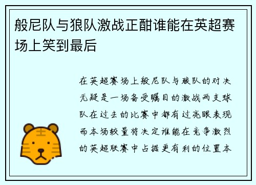 般尼队与狼队激战正酣谁能在英超赛场上笑到最后