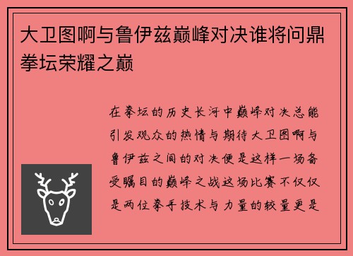 大卫图啊与鲁伊兹巅峰对决谁将问鼎拳坛荣耀之巅