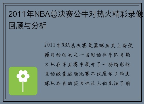 2011年NBA总决赛公牛对热火精彩录像回顾与分析