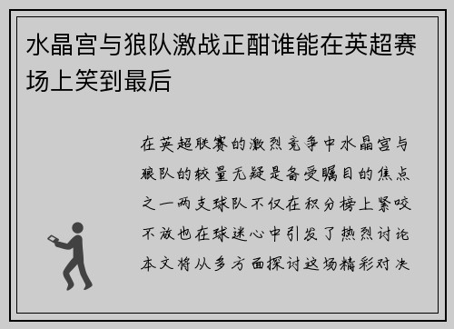 水晶宫与狼队激战正酣谁能在英超赛场上笑到最后