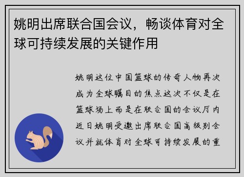 姚明出席联合国会议，畅谈体育对全球可持续发展的关键作用