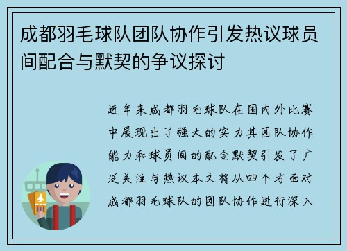 成都羽毛球队团队协作引发热议球员间配合与默契的争议探讨