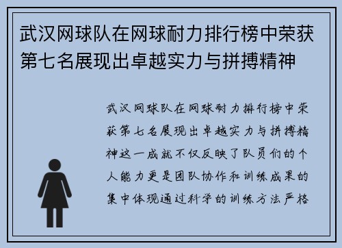 武汉网球队在网球耐力排行榜中荣获第七名展现出卓越实力与拼搏精神